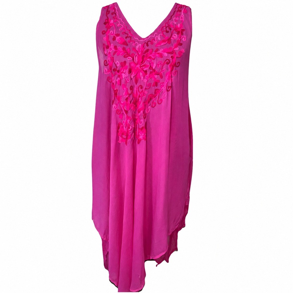 Pagoda Sheer Pink Embroidered Swim Cover Up One Size Boho Kaftan Midi Dress
